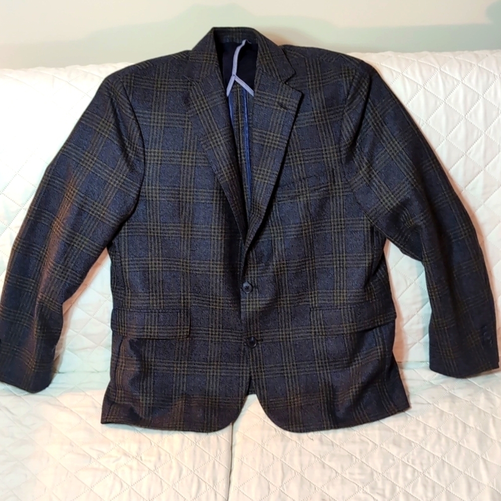 Cole Haan Men's Wool/Polyester Green/Blue Checked Blazer Size 44S.